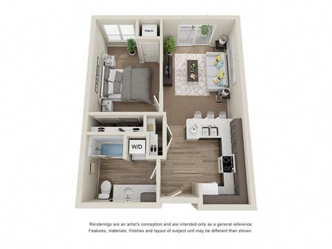 Floor plan for 1 bed, 1 bath, 648 sqft